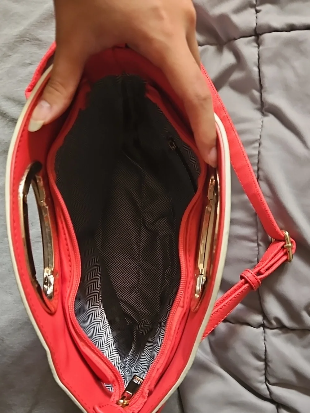 Striped White & Coral Crossbody Bag with Gold Accent